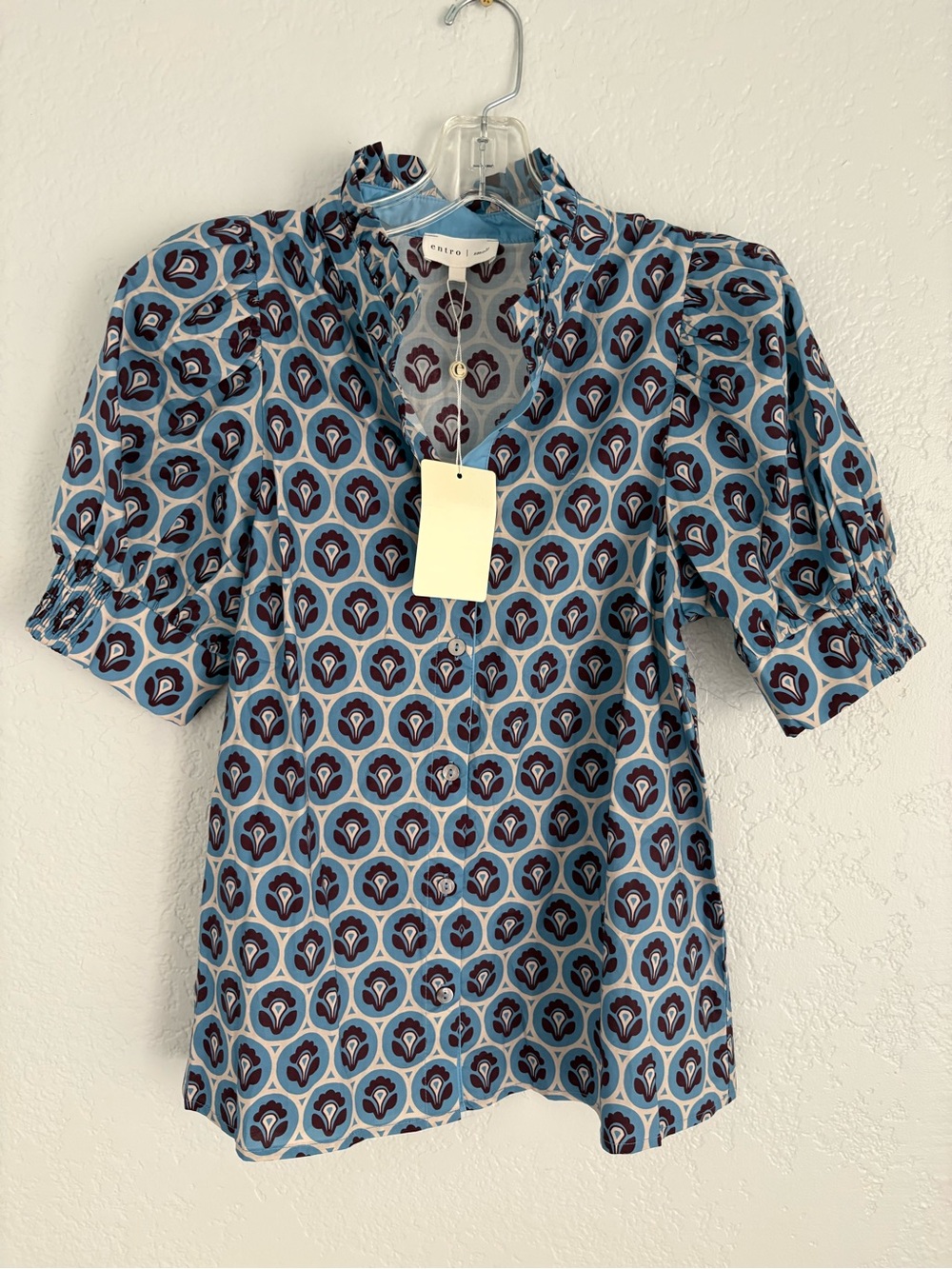 ❤️ NEW entro Blue Patterned Puff-Sleeve Blouse